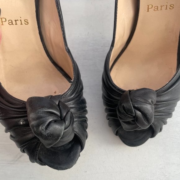 Christian Louboutin Lady Gres Platform Pumps Black Leather Peep Toe Ruched Knot - Picture 6 of 16